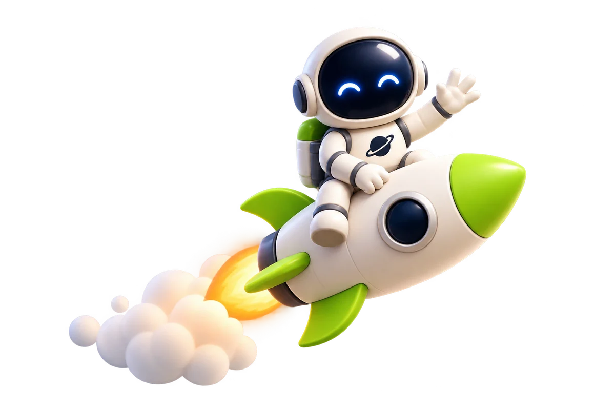 Astronauta sorridente decolando em um foguete verde.